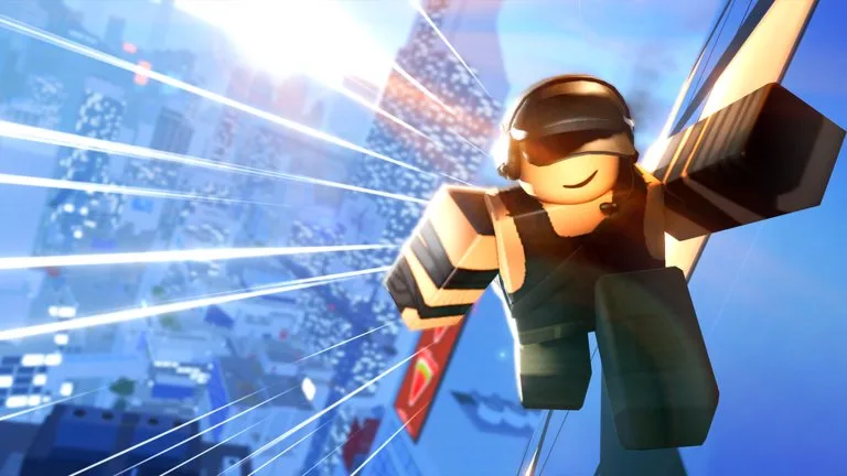 A runner rides a zipline over a dense blue city skyline in PARKOUR Reborn, with speed lines across the frame.